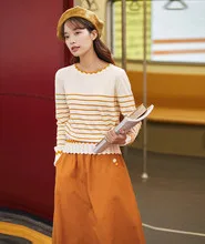 INMAN 2020 Autumn Winter New Arrival Skirt High Waist Pure Cotton Embroidered Elastic Waist Solid Color Temperament Skirt