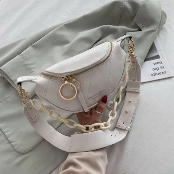 

PU Leather White Chest Bag for Women Small Messenger Bag Letter Pattern Acrylic Chains Handbag Wide Straps Crossbody Bag ZD1657