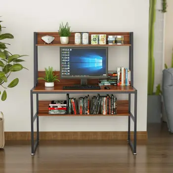 

47 Inch Game Table Computer Desk Student Writing Desk with Wire Cord Hole and Bookshelf Design Workstation for Home, Office