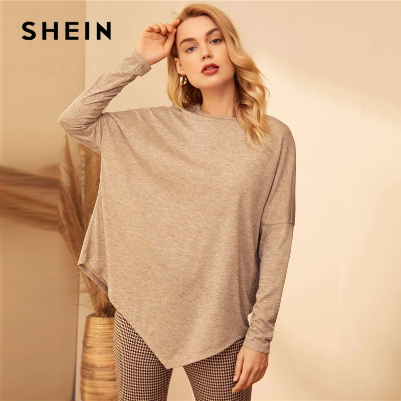 SHEIN хаки длинный рукав Hanky Hem топ Женская Осенняя футболка с круглым вырезом
