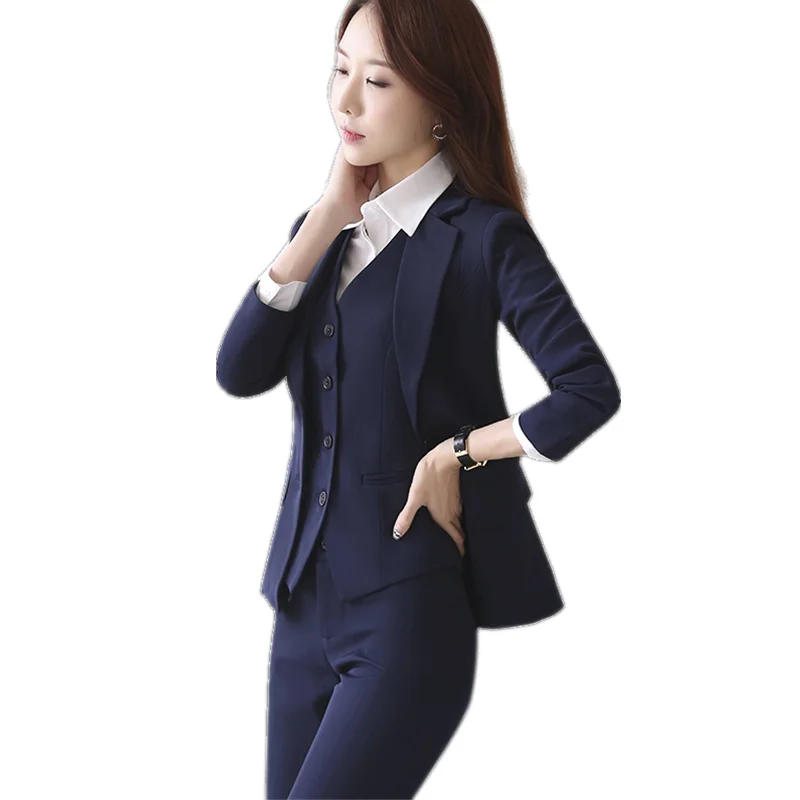 ジャケット パンツ ベスト紺レディースビジネス仕事スーツ女性オフィス制服スリムレディースフォーマルズボンスーツ3ピースブレザー Trouser Suit Formal Ladies Suitslady Trouser Suit Aliexpress