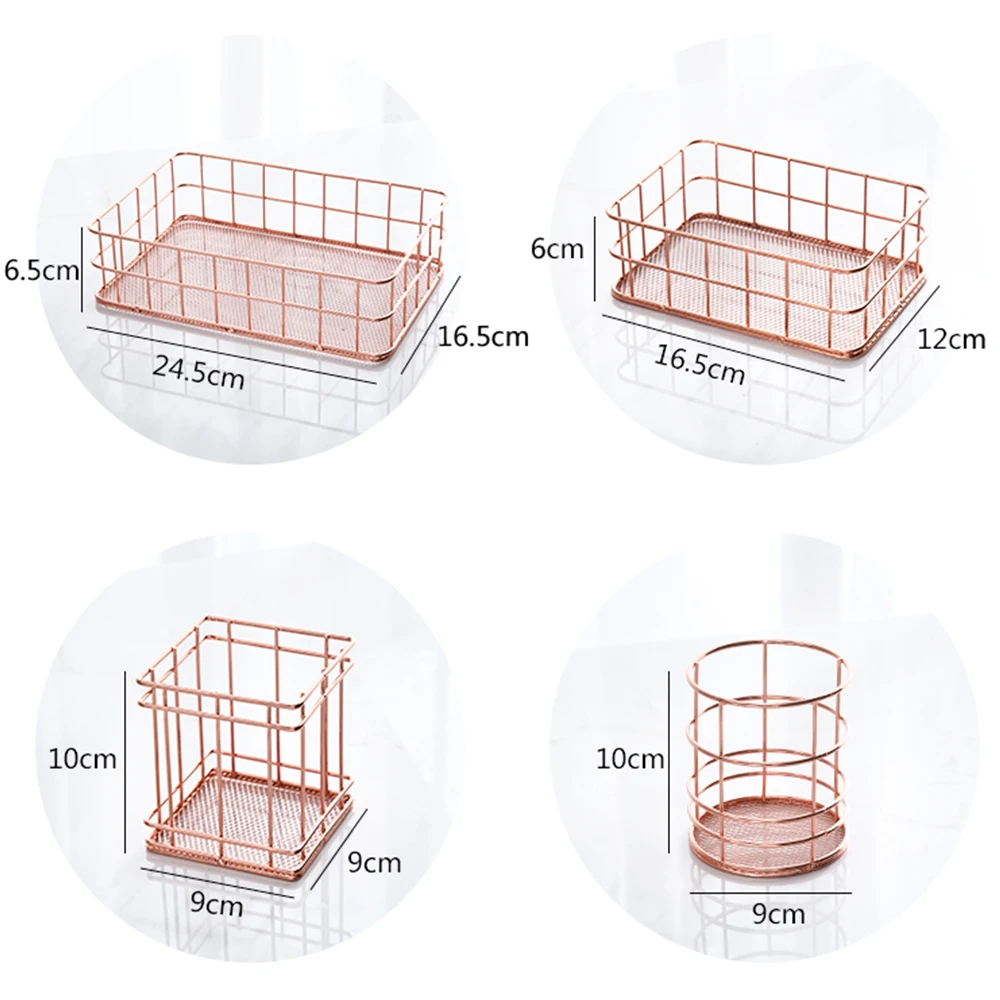 Горячая Скандинавская розовая золотая металлическая проволока, железная корзина для хранения, офисная, настольная, для разного макияжа, держатель для кистей, настольный органайзер для косметики