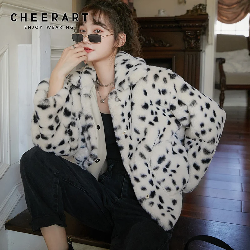 Женское меховое пальто и куртки с леопардовым принтом CHEERART белая меховая куртка
