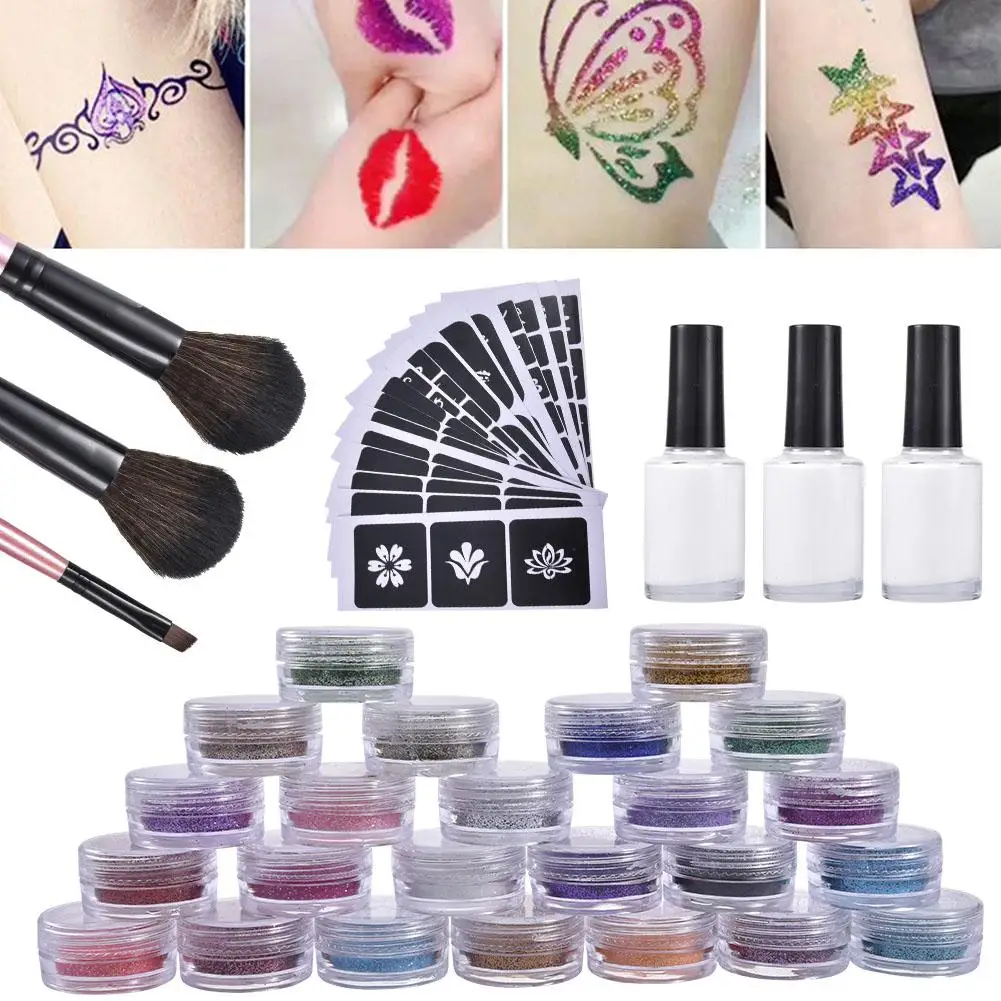 24Pcs Color 120 Templates Set Flash Diamond Glitter Flash Powder For Temporary Tattoo Set Kids Face Body Painting Art Tools Suit