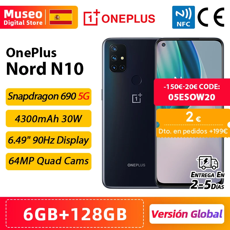 OnePlus Nord N10 5G, Versión global, 6GB RAM 128GB ROM móvil 5G, 6.49 90Hz FHD+ Pantalla, 64MP Quad Camera, Warp Charge 30T NFC