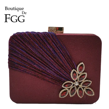 

Boutique De FGG Wine Red Crystals Appliques Women Metal Box Clutch Evening Purses and Handbags Bridal Wedding Party Bag