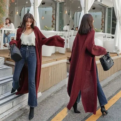 Neploe свитер, кардиган, большого размера с длинными Разделение трикотажное пальто в Корейском стиле Утолщенная теплая верхняя одежда Chaqueta ветровка-джемпер 54693 - Цвет: wine red