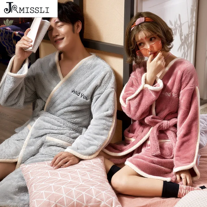 

JRMISSLI Women Robes for Men Soft Warm Flannel Winter Long Sleeves Turn-down Collar Pocket Home Clothes Mens Bathrobes lover