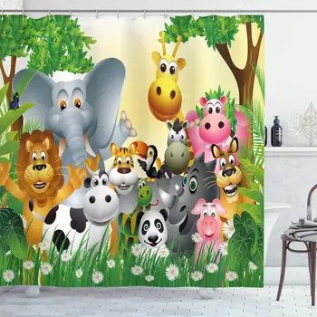 

Animal Shower Curtain, Animals in Jungle Elephant Giraffe Panda Bear Pig Lion Hippo Rhino Cartoon Art, Cloth Fabric Bathroom