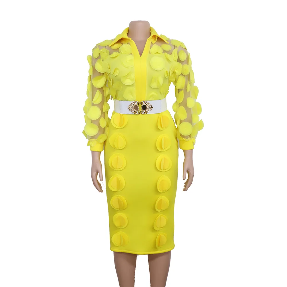 Африканские платья для женщин элегантные модные аппликации стиль Африканский женский полиэстер до середины икры платье для леди - Цвет: Цвет: желтый
