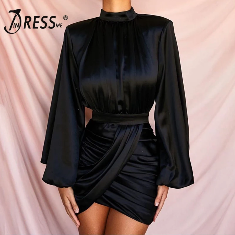 Женское атласное платье INDRESSME облегающее мини-платье с рукавами-фонариками и