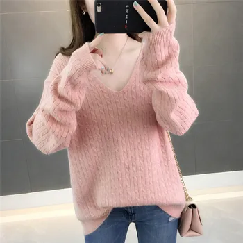 

Milinsus Women Sweaters Solid V-neck Pullover and Jumpers Pink Twisted Pull Sweater Femme Spring Autumn Winter Basic of The Year