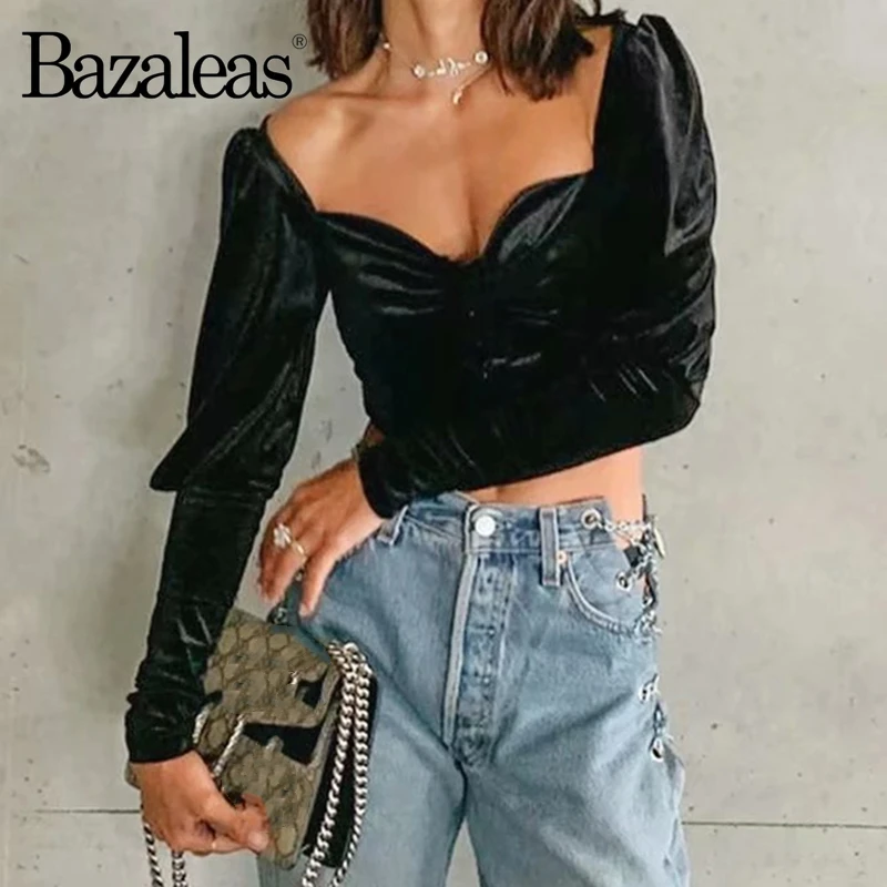 Винтажный укороченный топ Bazaleas с квадратным воротником модная черная рубашка на
