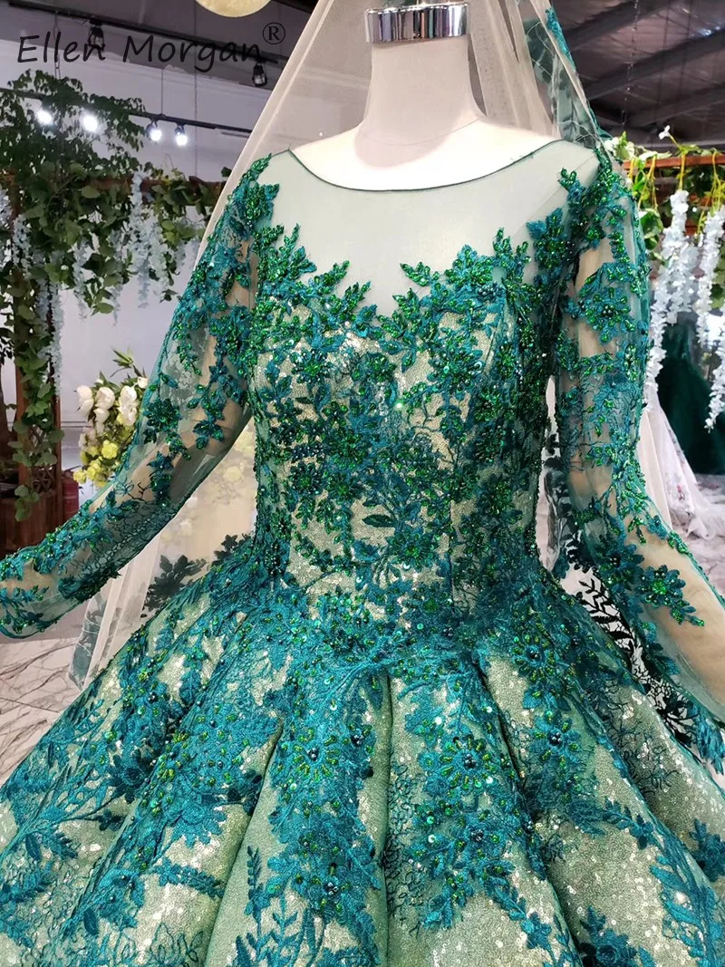 Vestidos De Novia мусульманское темно-зеленое свадебное платье Vinatge с длинными рукавами, с кружевными бусинами, длина до пола, блестящие свадебные бальные платья