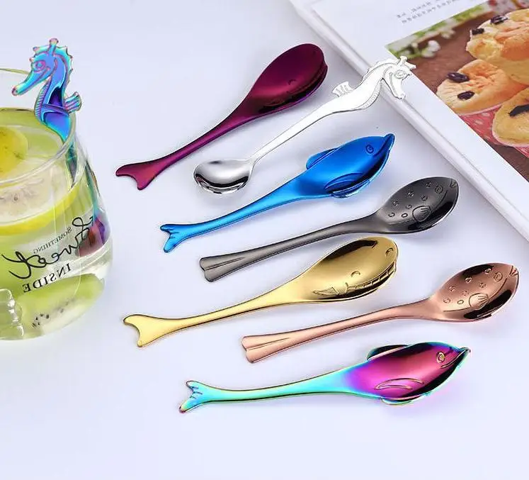 

304 Stainless Steel Mirage Tableware Fish, Seahorse Spoon Dolphin, Whale, Puffer Mixing Spoon Coffee Cup Hanging Spoon Wholesale