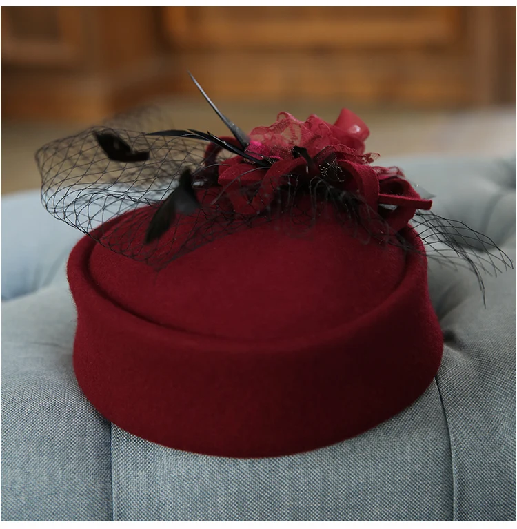 New England retro elegant bowknot mesh wool stewardess hat small bowler hat casual berets