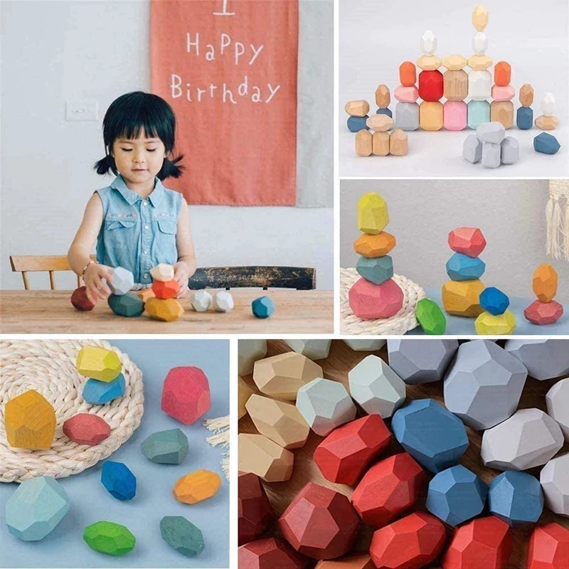 Wood Rainbow Stones Block Colorful Wooden Building Block Rainbow Stacker Balancing Stone Montessori Educational Toy Children