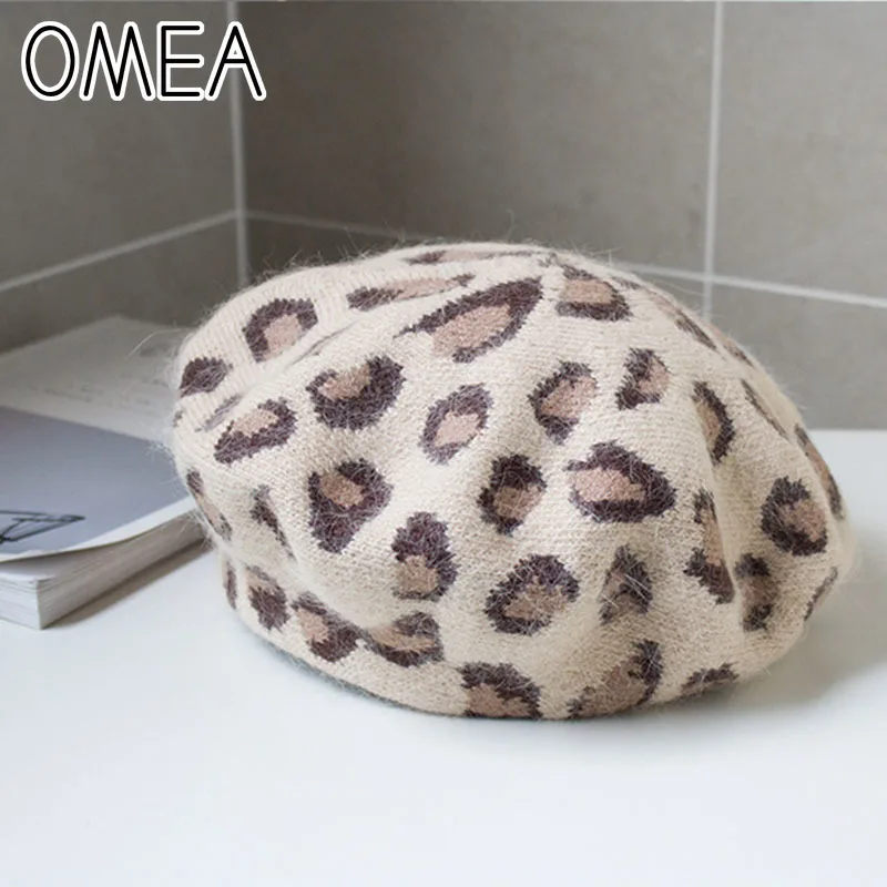 OMEA, женский берет с леопардовым принтом, шапка с кроличьим мехом, берет, Femme, французская шапка, утолщенная, теплая, зимняя, Шапка-бини для дам, модная