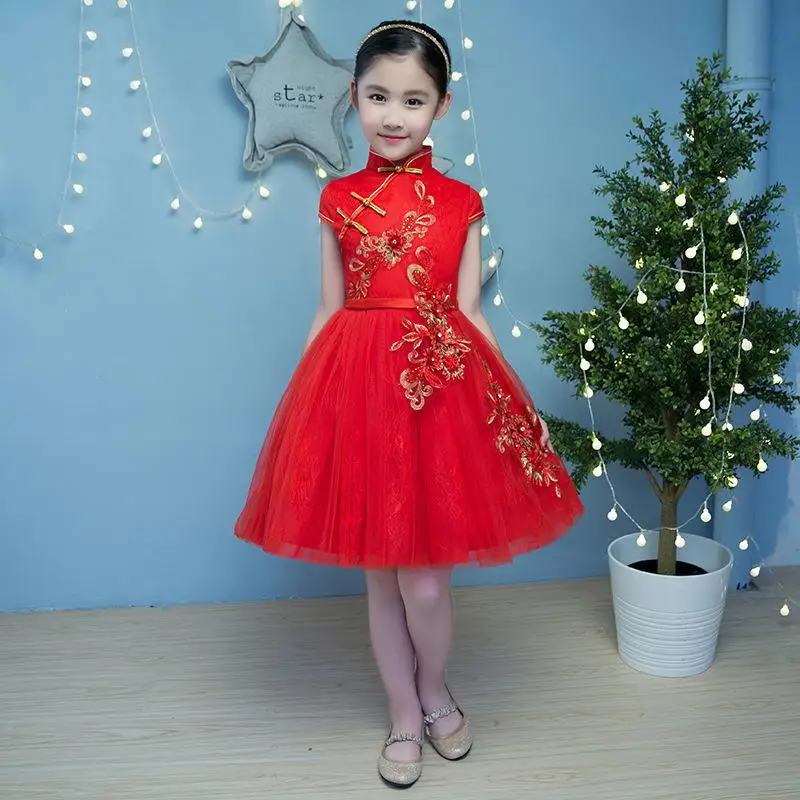 Элегантное вечернее платье для девочек Cheongsam с изысканной цветочной вышивкой; Сетчатое платье в китайском стиле с воротником-стойкой; Vestidos - Цвет: Red9
