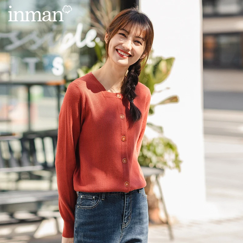

INMAN 2020 Spring New Arrival Literary Retro Style Solid Color Square Collar Single Breasted Basic Style Women Cardigan Sweater