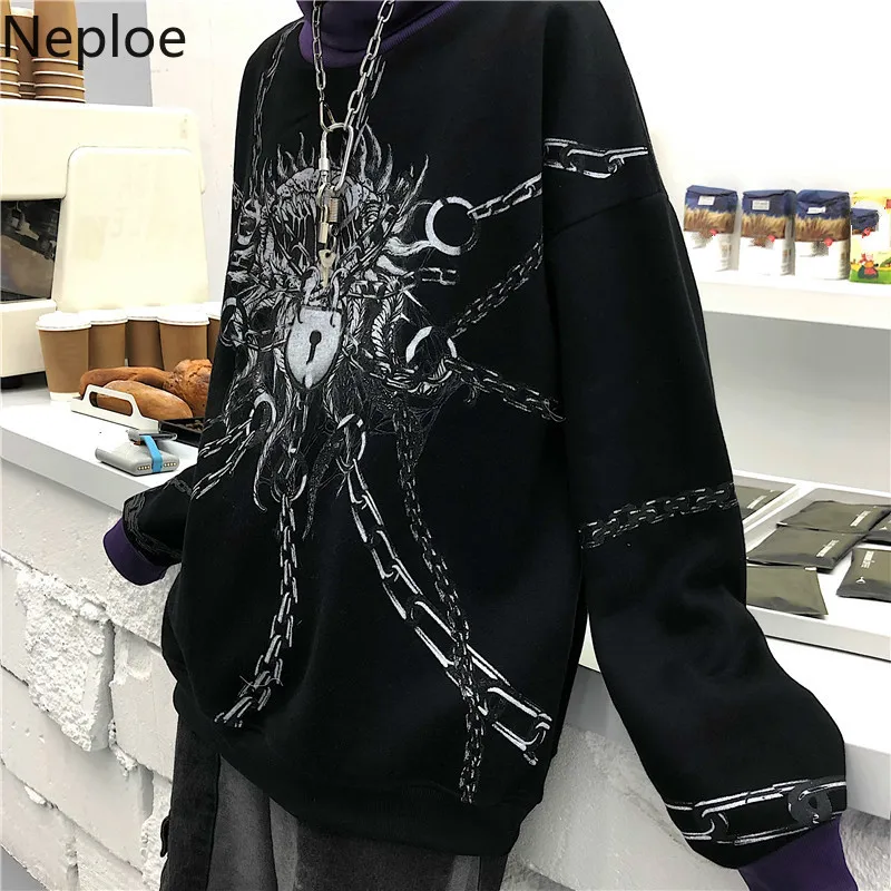 

Neploe Turtleneck Plus Velet Pullover Sweatshirt Contrast Color Patchwork Tops Jumper Harajuku Print Long Sleeve Hoodies 56959