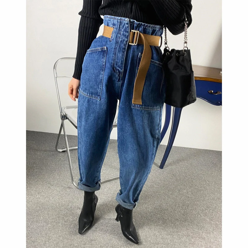

Harem Jeans Women Vintage Belted Ankle Length Loose Denim Washed Trousers Pantalon Mujer Fashion Baggy Mom Pants