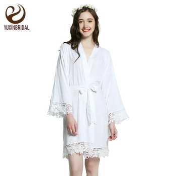 

2019 New Wedding Solid Bride Rayon Cotton Kimono Robes with Lace Trim Wedding Bridal Robe Short Belt Bathrobe Bridesmaid Robes