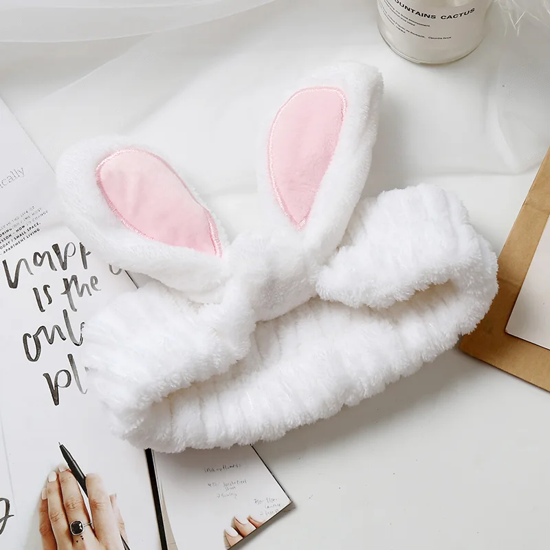 Girl cute soft rabbit ears hair band velvet cartoon cosmetics wide-brimmed headband jewelry multi-color headband spa package - Color: white