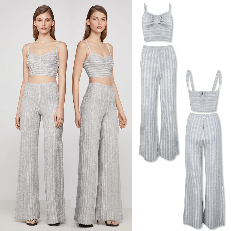

New Arrival Silver Two Pieces Top And Pants High Quality Ladies Party Evening Bodycon Set