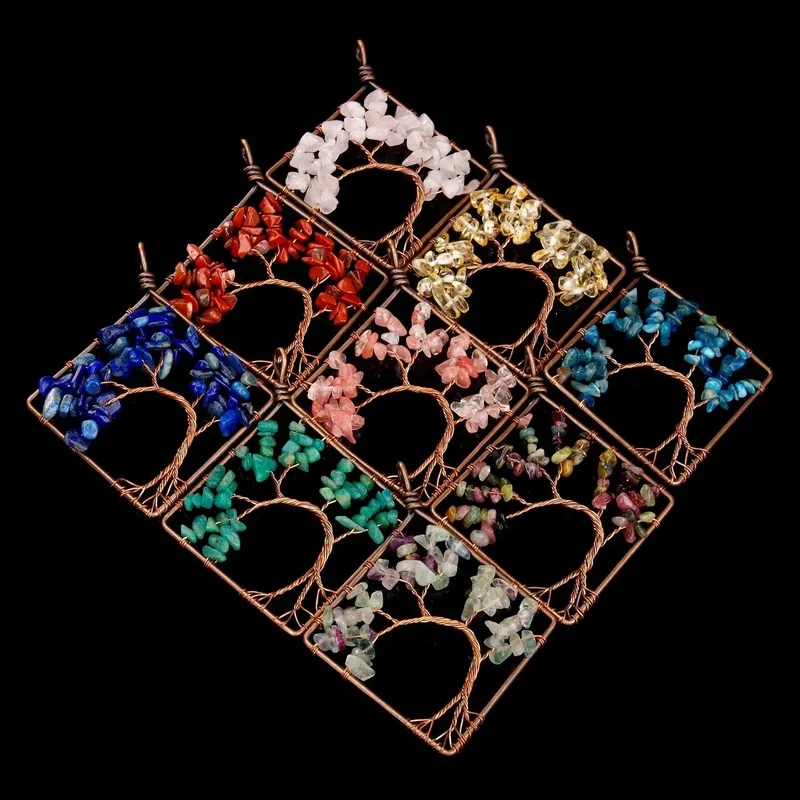 Chakra Дерево жизни ожерелье медальон натуральный камень бусина-Осколок провод хэндмейд обертывание лазурит опал прозрачный Кристалл женские ювелирные изделия