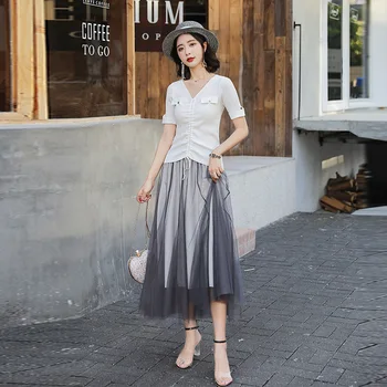 

2020 Women's pure color wrinkle knitted T-shirt + mesh skirt two-piece suit women