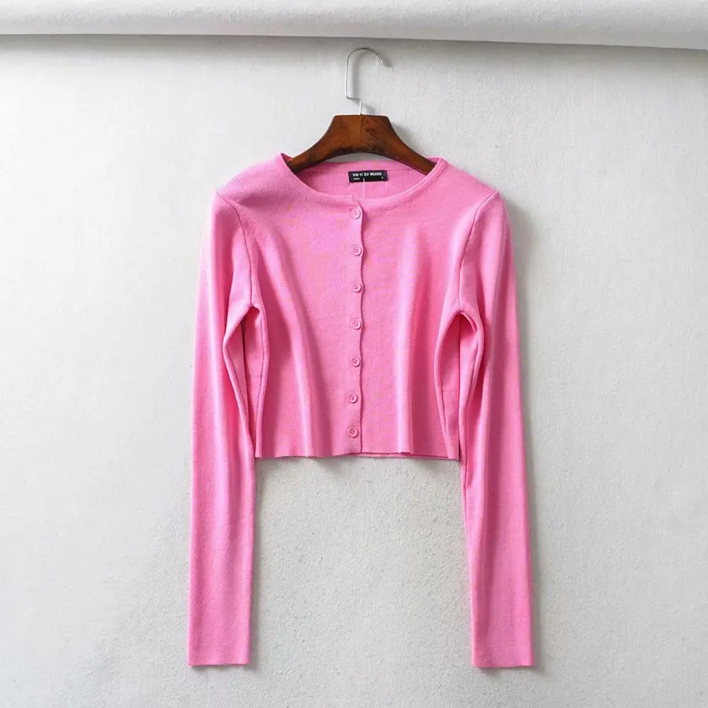 Осень, вязаный кардиган на пуговицах, корейские милые свитера, Укороченный кардиган для женщин, кавайный укороченный свитер, вязаный Топ, уличная одежда - Цвет: Розовый