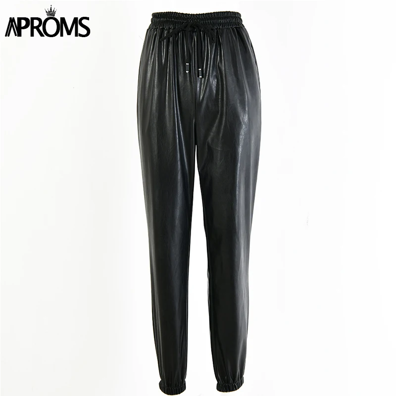 Aproms/однотонные узкие брюки из искусственной кожи для женщин; зимняя уличная одежда; повседневные женские брюки с высокой талией и завязками; - Цвет: Black
