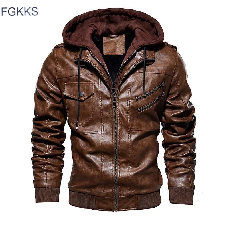 Goede FGKKS Mannen Motorfiets Lederen Jassen Winter Mannelijke Mode Ongedwongen Hooded Faux Jas Heren Warm PU Lederen Jassen