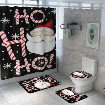 

Bathroom Pads Curtain Set Non-slip Santa Pattern Waterproof Shower Curtain Washroom Carpets Mat Toilet Seat Lid Cover