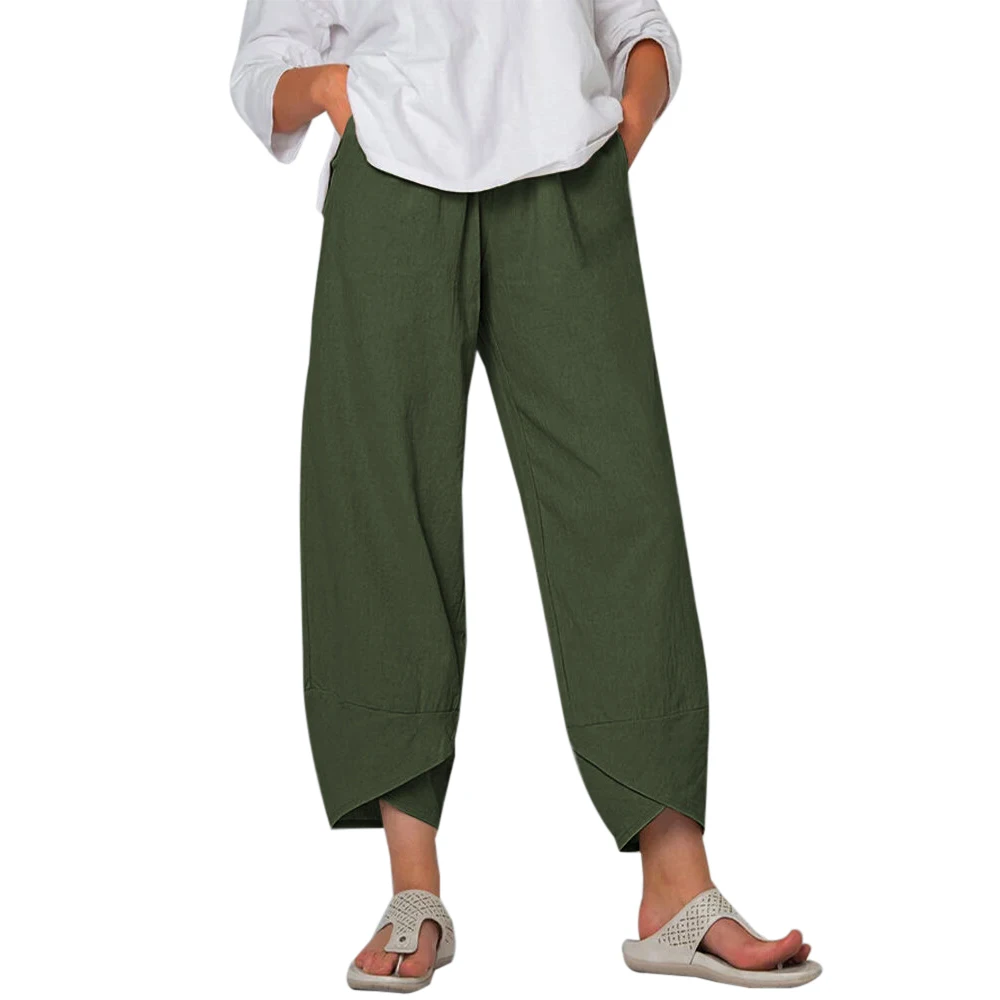 Pantalones de harén estampados para mujer, pantalón vintage, informal, con cintura elástica, algodón y lino, pierna ancha, talla grande, para verano