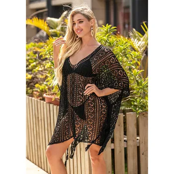 

2020 Summer Holiday Beach Dress Solid Hollow Beach Cover Up V Neck Knit Beah wear Bathing suit for women pareos saida de praia