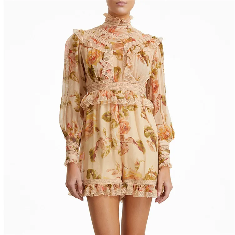 Новые Boho печатные цветочные мини-костюмы пляжного типа тонкое кружево пэчворк рюши шифоновые боди женские комбинезоны сексуальный комбинезон для вечеринки