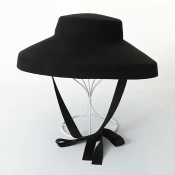 

New Retro Large Felt Hat Fedora Hat Black Shallow Flat Wool Hat Fedora Ladies Felt Big Hat Along The Top Hat Women Cap