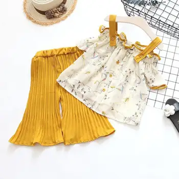 

2pcs Cute Floral Print T-Shirt Overall Style Design Simple and Generous Vest Pleated Pants Girl Kids Chiffon Outfits Set