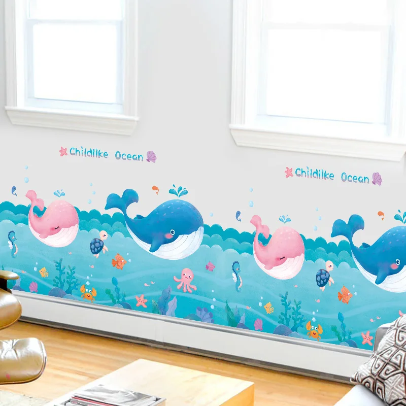 Cartoon Ocean PVC Wall Stickers for Kids rooms Bathroom Nursery Decor Waterproof Vinyl Baseboard Decals Art Home Decoration | Дом и сад