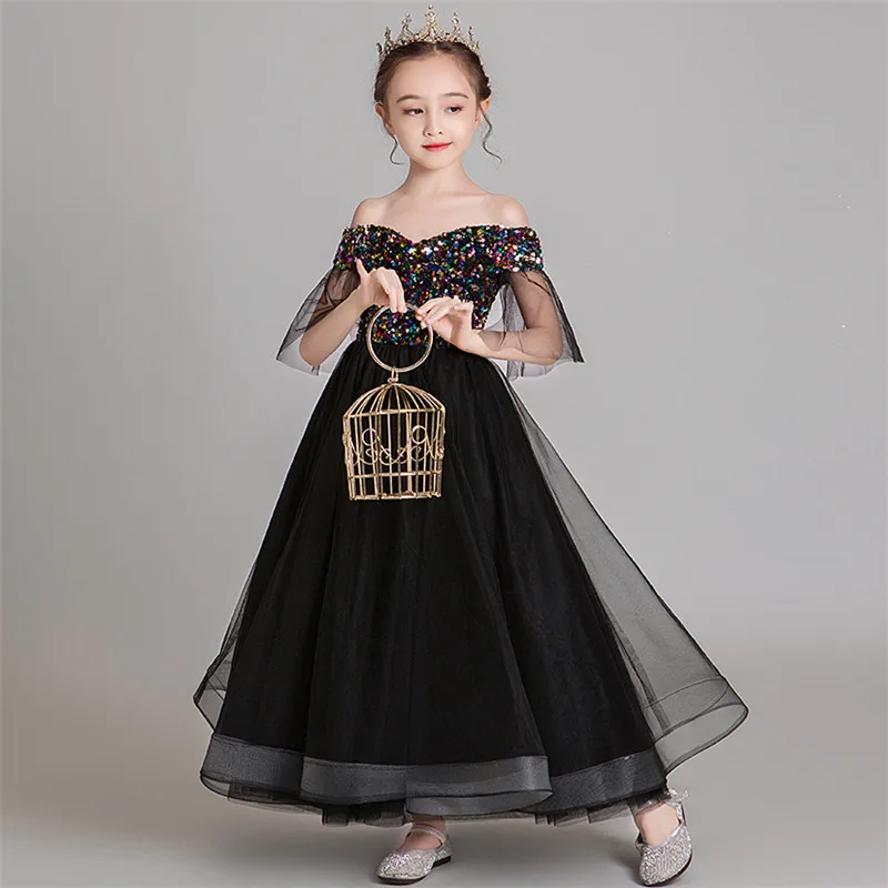 black long dress 3-14 лет, детское роскошное длинное платье принцессы с открытыми плечами и воротником, расшитое блестками, для вечеринки, дня рождения детское платье для игры на фортепиано - Цвет: black long dress