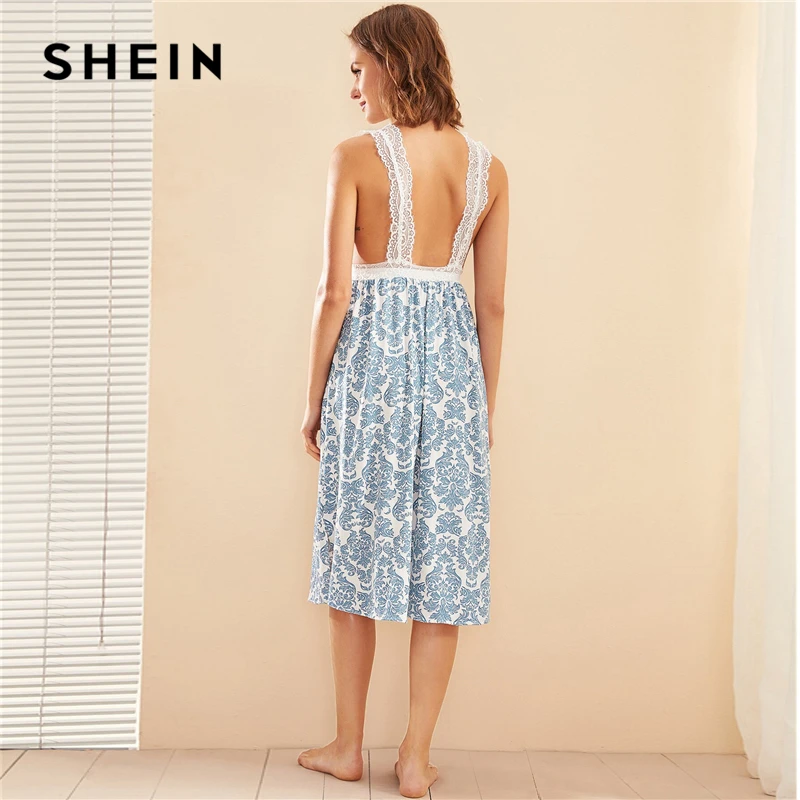 SHEIN Blue Damask печати ресниц Цветочные кружевное нижнее белье для женщин сплит подол Осень Глубокий v-образный вырез сексуальное ночное белье Ночная рубашка