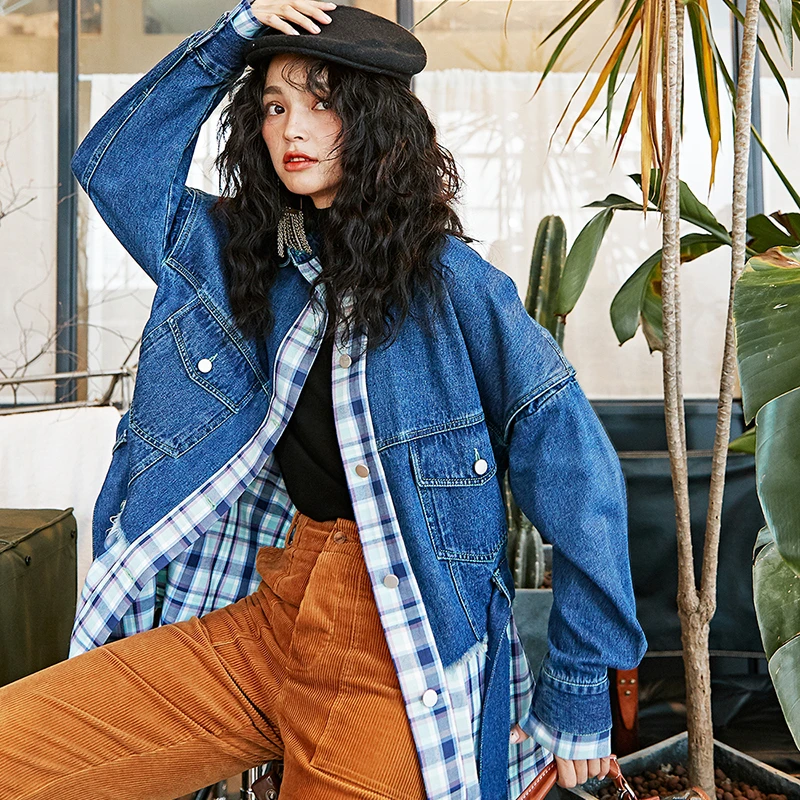 TWOTWINSTYLE винтажные Лоскутные Джинсовые клетчатые куртки для женщин воротник с лацканами с длинным рукавом на шнуровке женские пальто Модная одежда