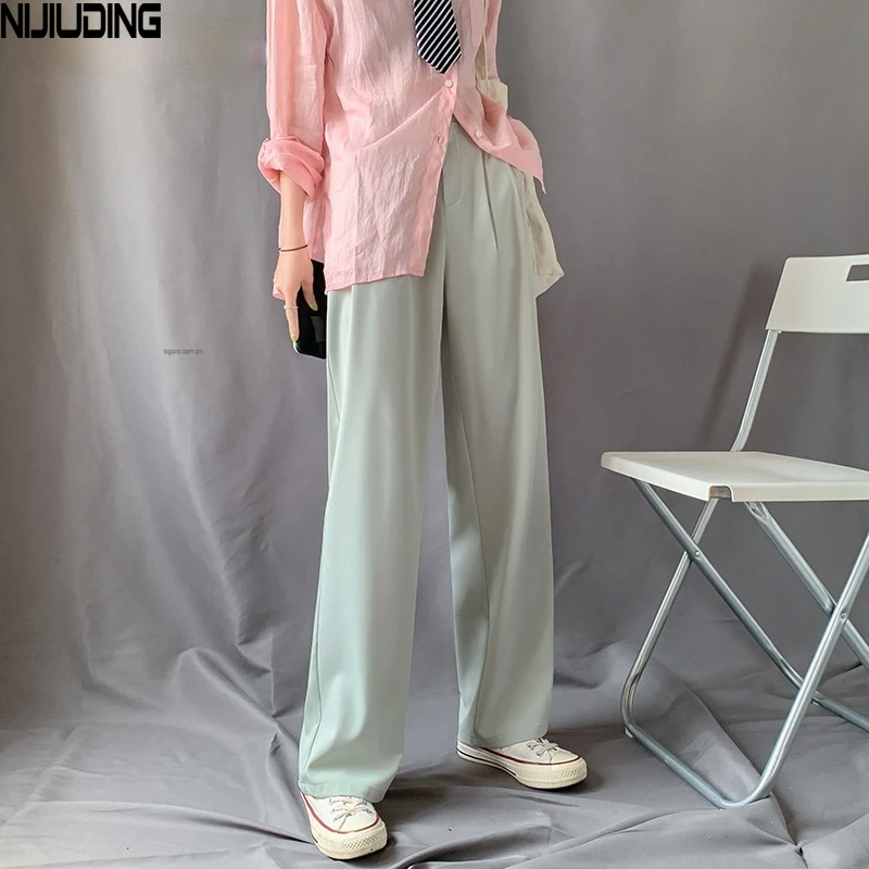 Pantalones de pierna ancha de cintura alta elástica para mujer, pantalones largos holgados de seda de hielo, para primavera y verano, 2021