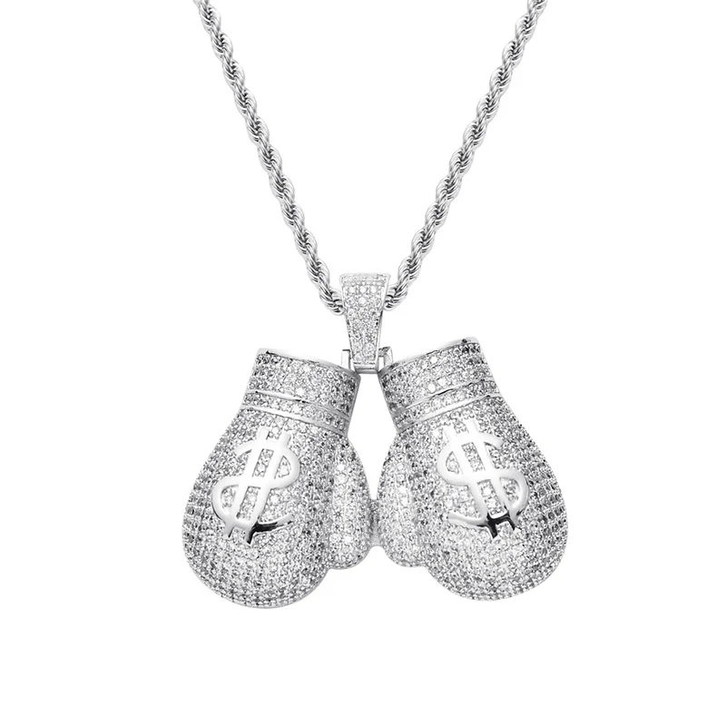 Хип-хоп AAA CZ камень проложили Bling Iced Out доллар бокс Подвески в виде перчаток ожерелье для мужчин рэппер ювелирные изделия золото серебро - Окраска металла: silver