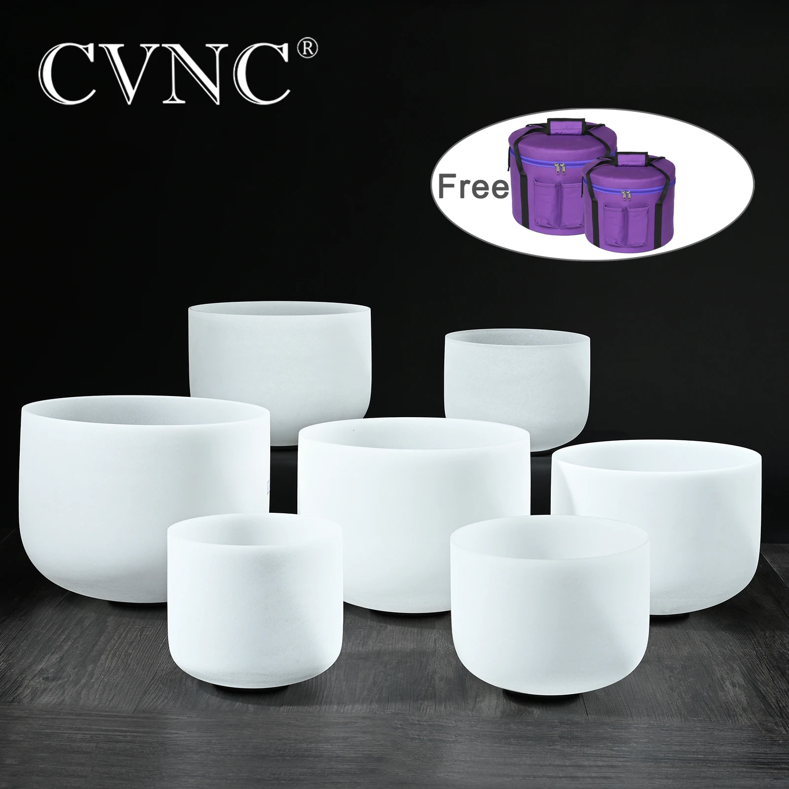 

CVNC Perfect Pitch Chakra set of 7 PCS 8"-14" Frosted Quartz Crystal Singing Bowls 432Hz with free 13" and 14" carry bags