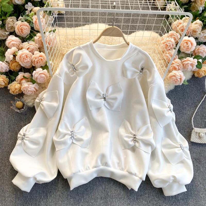 Pullover Sweatshirts Hoodies Bow Splicing Decorative Top Women's 2021 Autumn and Winter Bubble Sleeve Loose Casual Outerwear