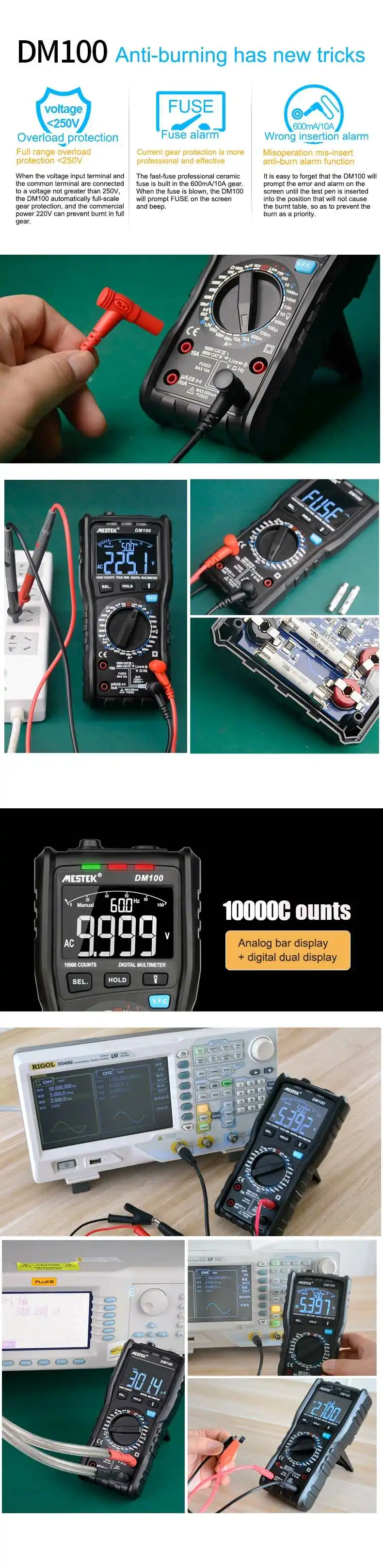MESTEK DM100 10000 отсчетов Цифровой мультиметр высокоскоростной умный двойной сердечник T-rms NCV температура анти-ожога предохранитель сигнализация мультиметры