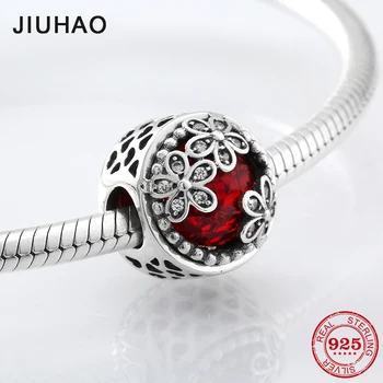 

Fashion 925 Sterling Silver hollow heart three flowers Deep red CZ beads Fit Original JIUHAO Charm Bracelet Jewelry making